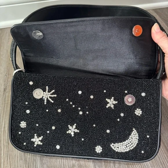 STAUD Tommy Beaded Black Starry Night Shoulder Bag Purse - Picture 4 of 16